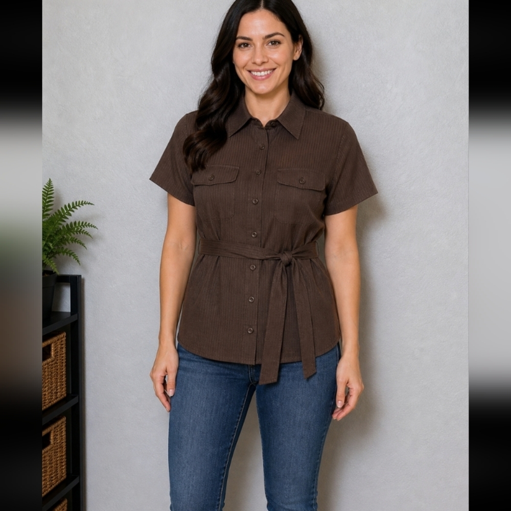 Women's Medium WILLI SMITH Semi Sheer Butoon Up Sash Belt Shirt